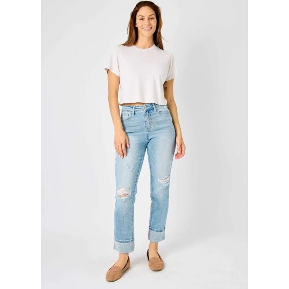 Judy Blue light denim distressed star detail pocket boyfriend jeans size 15/32